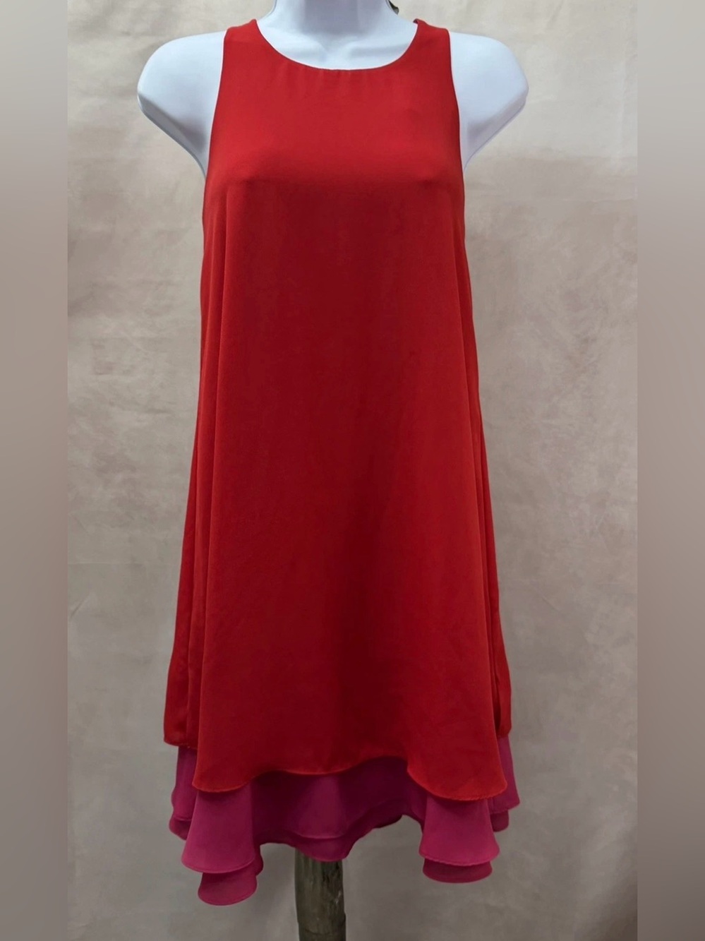 INC International Concepts Red & Pink Chiffon Layered Swing Party Dress Size 8